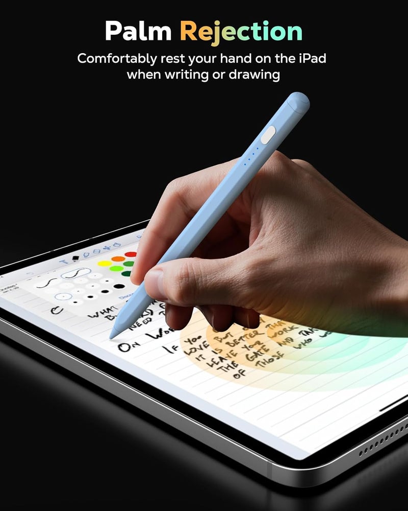 MoKo قلم رصاص لجهاز iPad (A16) الجيل 11 و10، قلم ستايلس لجهاز Apple iPad 2018-2025 11/10/9/8/7/6/A16، ميني 7/6/5، إير M3/M2 11"/13"/5/4/3، برو M4 13"/12.9"/11" حساسية الميل، شحن سريع USB-C، أزرق - Image 4
